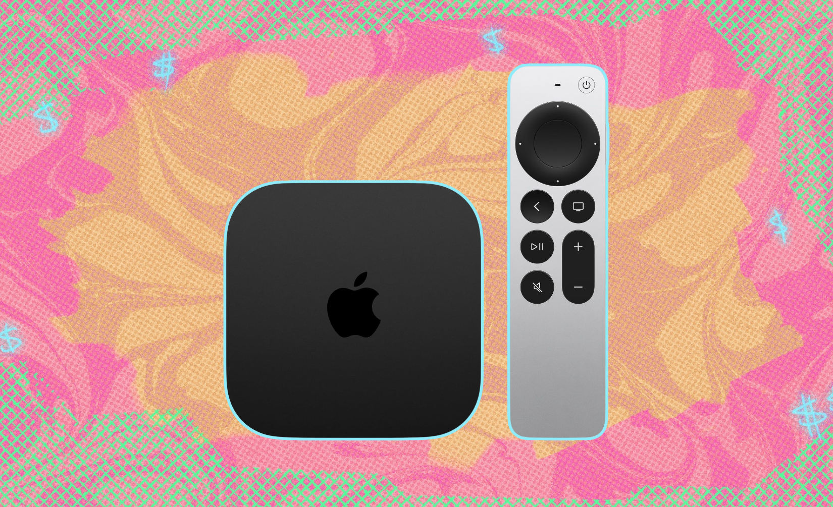 Apple TV 4K 4th Generation against a colorful background. 