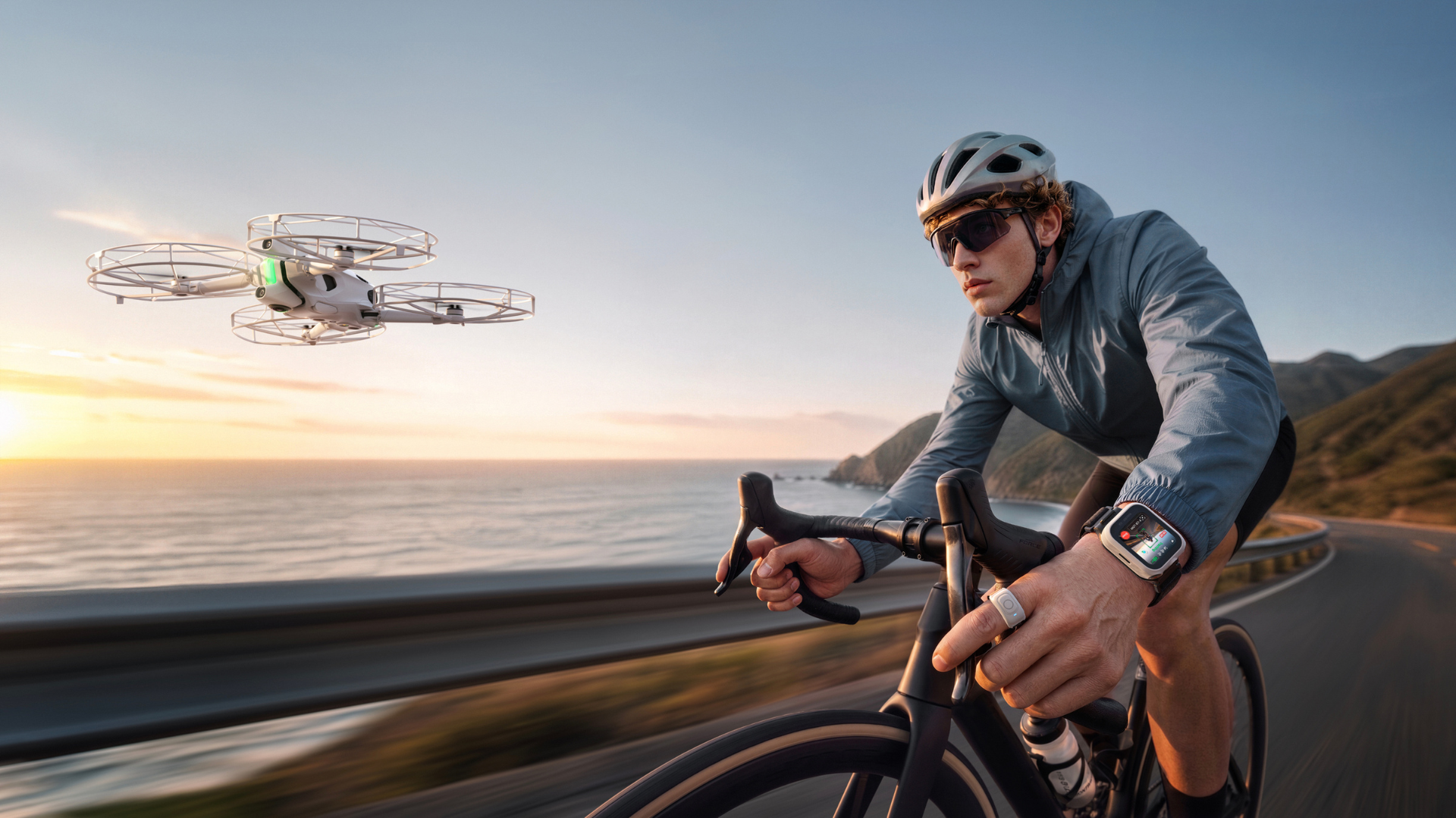 The Antigravity A1 drone tracking a cyclist wearing the new Watch and Ring remote controls.