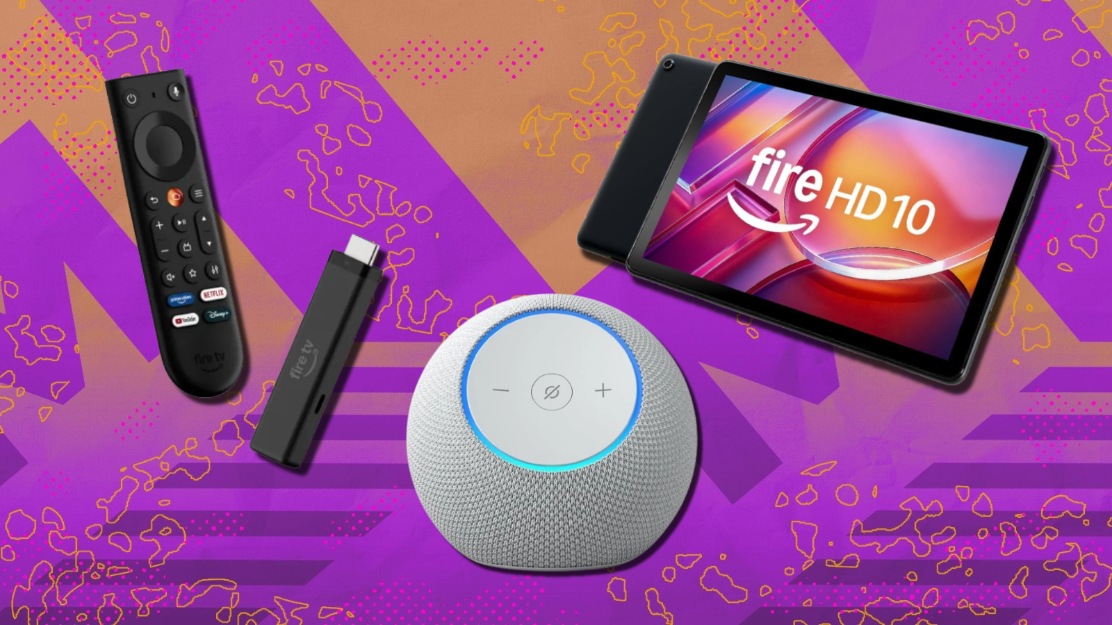 Fire TV Stick, Echo speaker, and Fire tablet with purple and orange background
