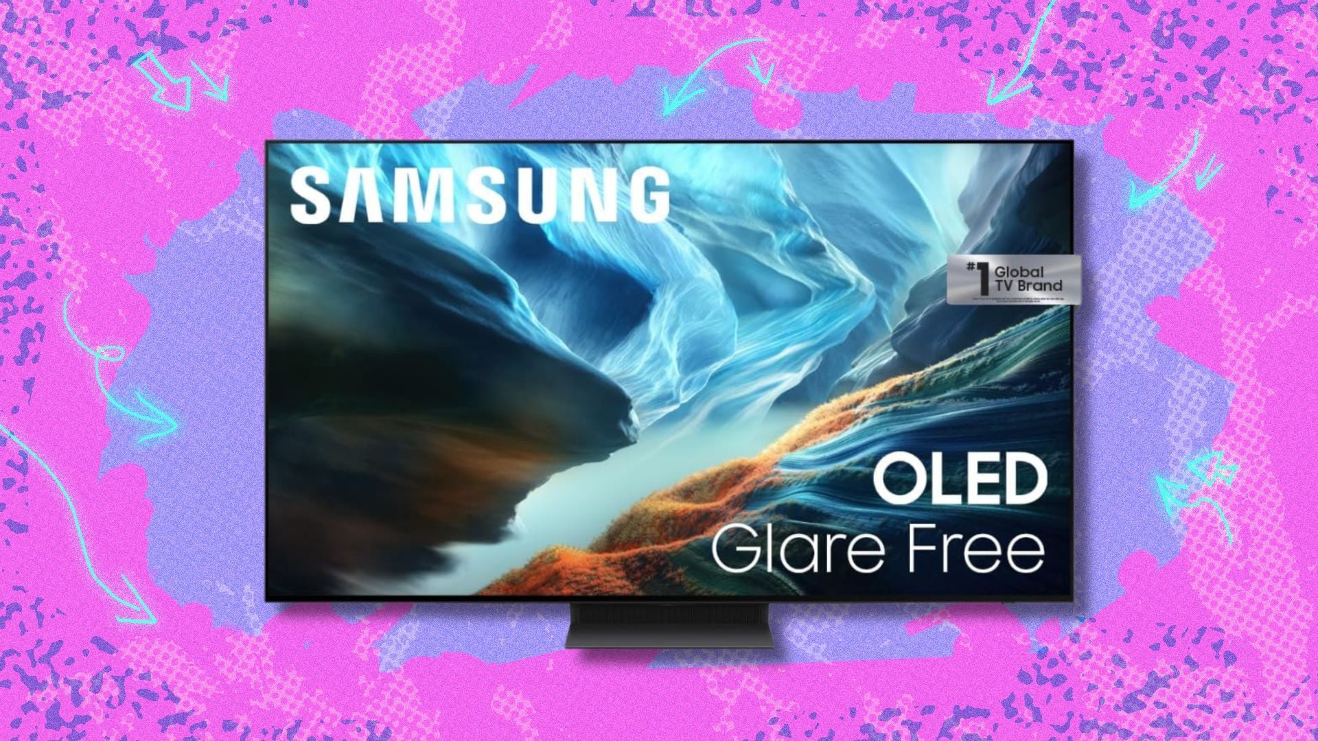 samsung 65-inch class s90h oled 4k smart tv against a pink and purple background