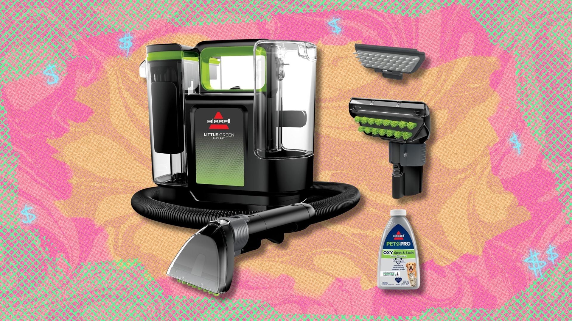 bissell little green max pet portable carpet cleaner against a yellow patterned background