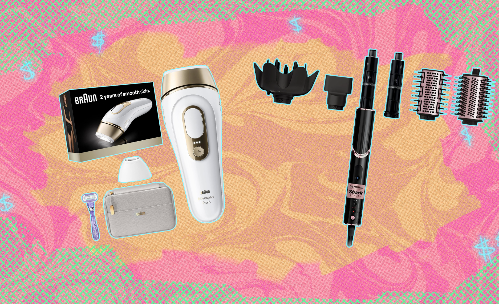 Braun hair removal device and Shark multistyler against a colorful background. 