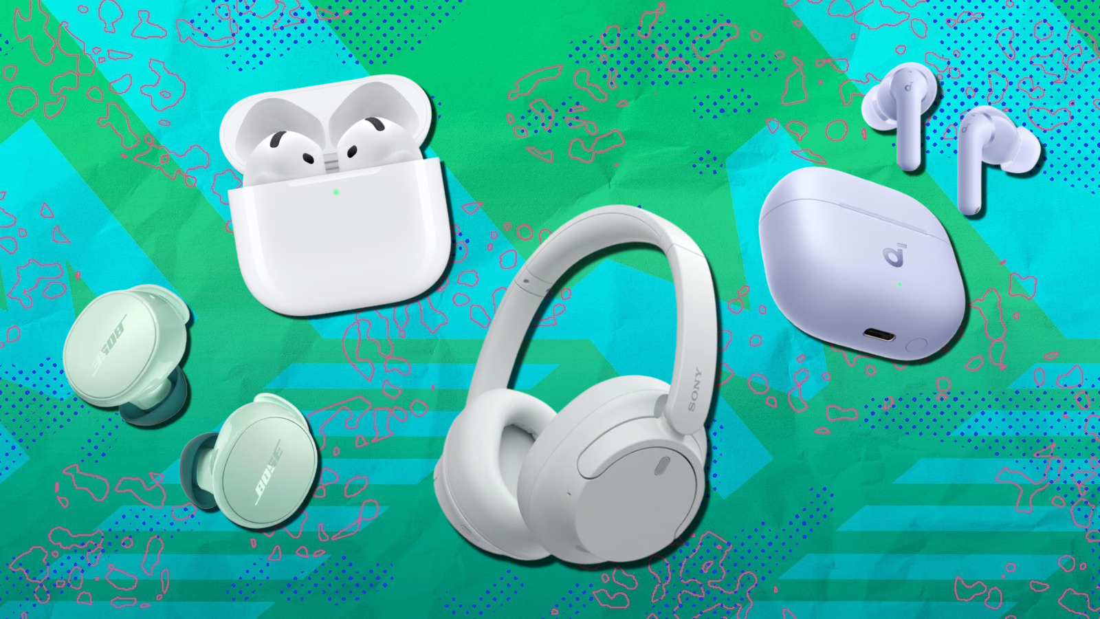Bose earbuds, AirPods, Sony headphones, and Soundcore earbuds with teal background