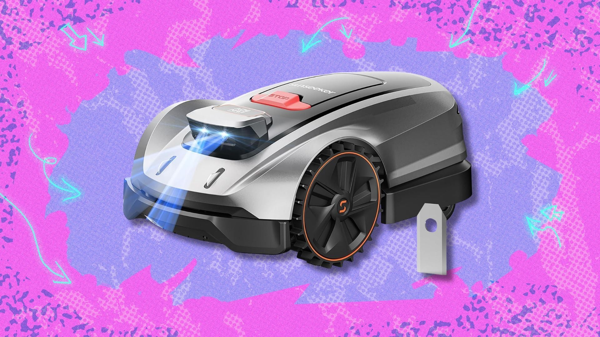 sunseeker x3 plus robot lawn mower against a pink and purple background