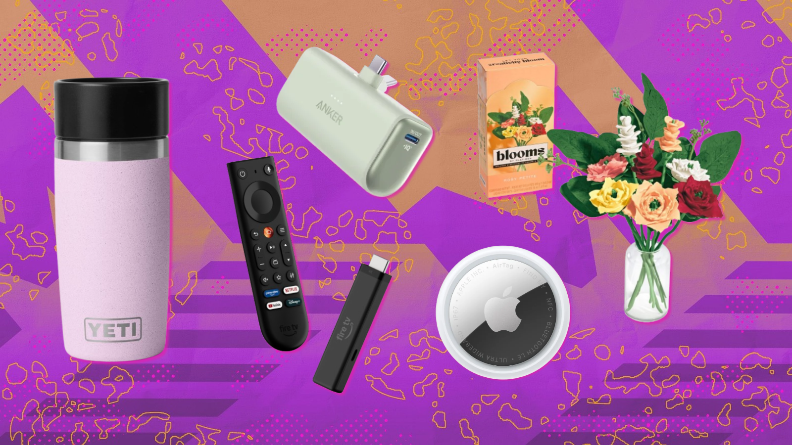 Yeti Rambler bottle, Fire TV Stick 4K, Anker Nano power bank, Play-Doh Blooms, and AirTag with purple and orange background