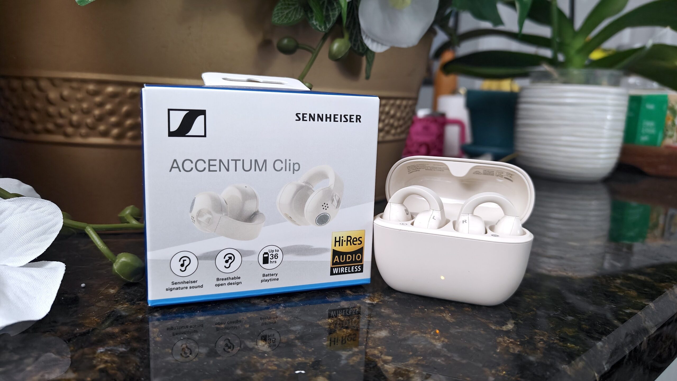 Sennheiser Accentum Clip open earbuds with charging case and box on kitchen counter
