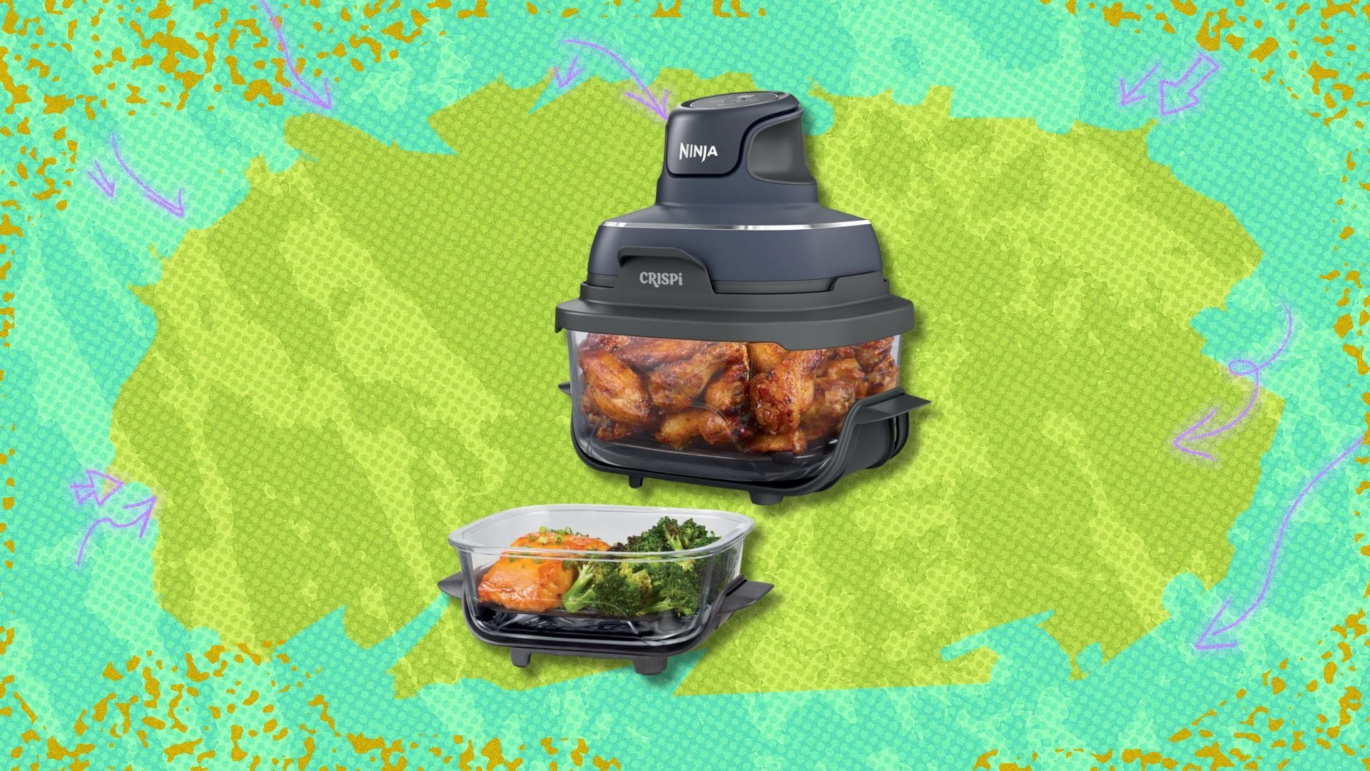 ninja crispi glass air fryer against a green background