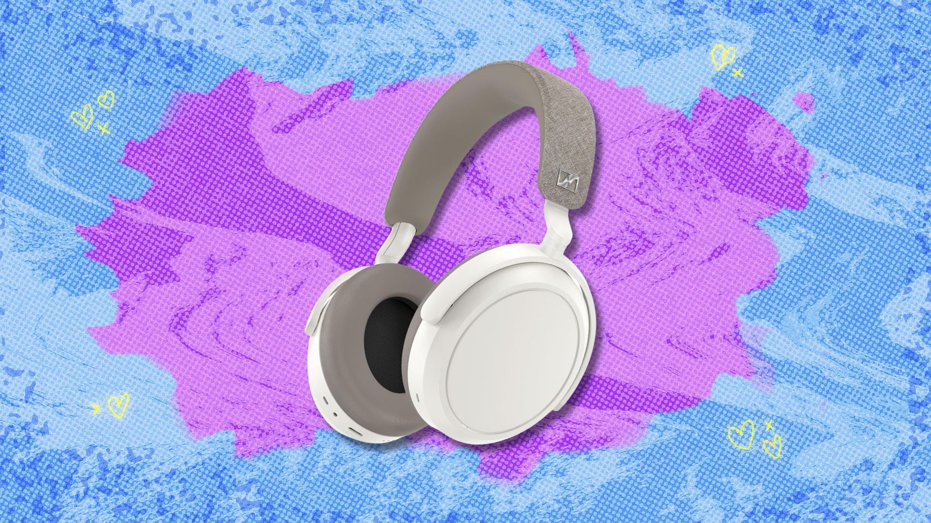 sennheiser momentum 4 headphones against a blue and purple background