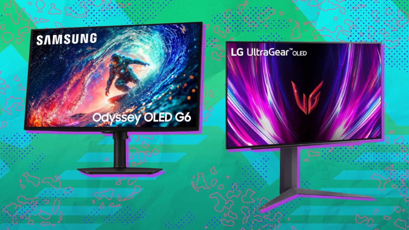 Samsung and LG gaming monitors with teal background