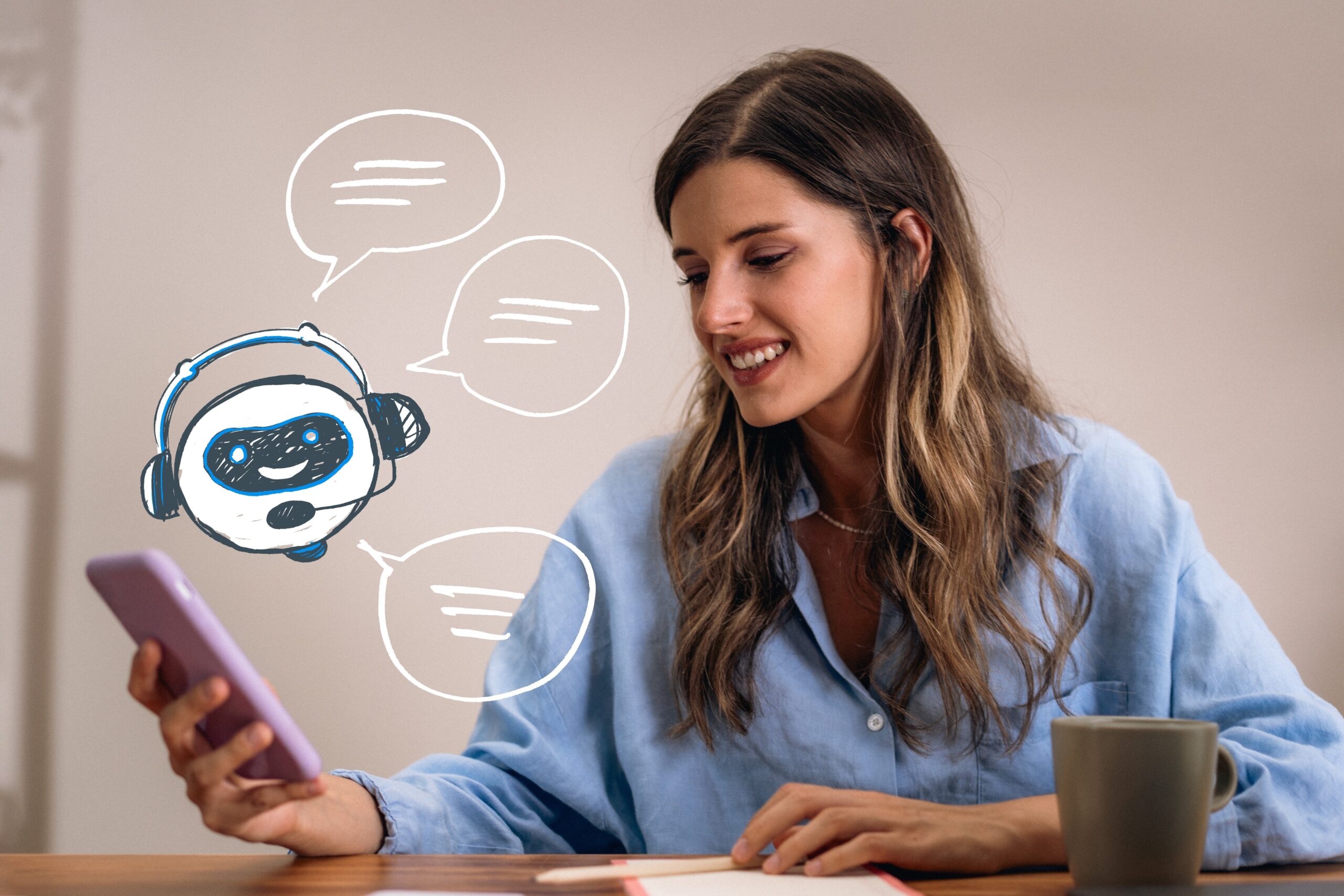 A woman interacts with an AI chatbot on her smartphone, ideal for tech companies promoting conversational interfaces.