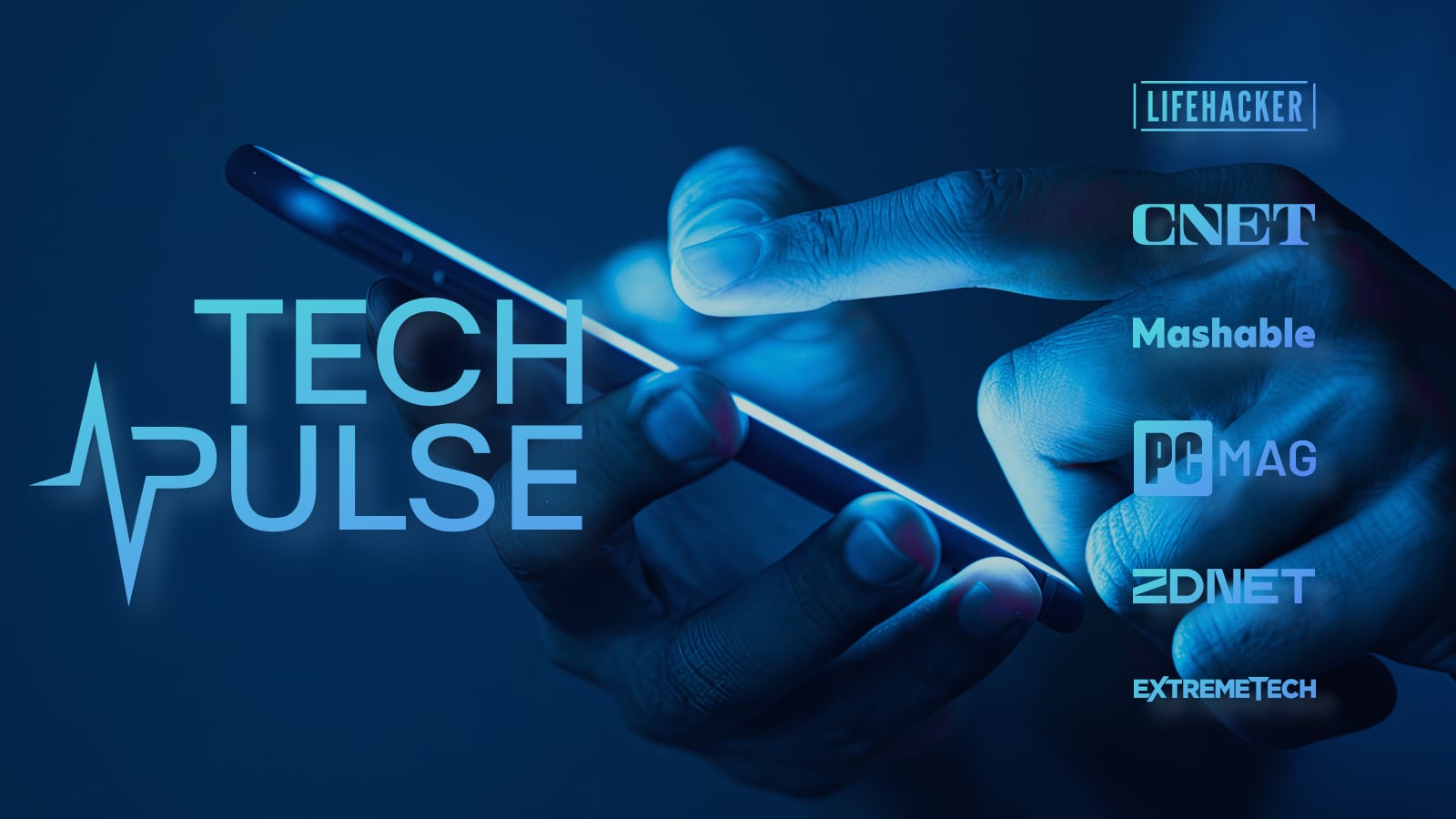 Hands holding and using a dimly lit phone with TechPulse and Mashable, CNET, PCMag, ZDNet and ExtremeTech logos at the right-hand side of image