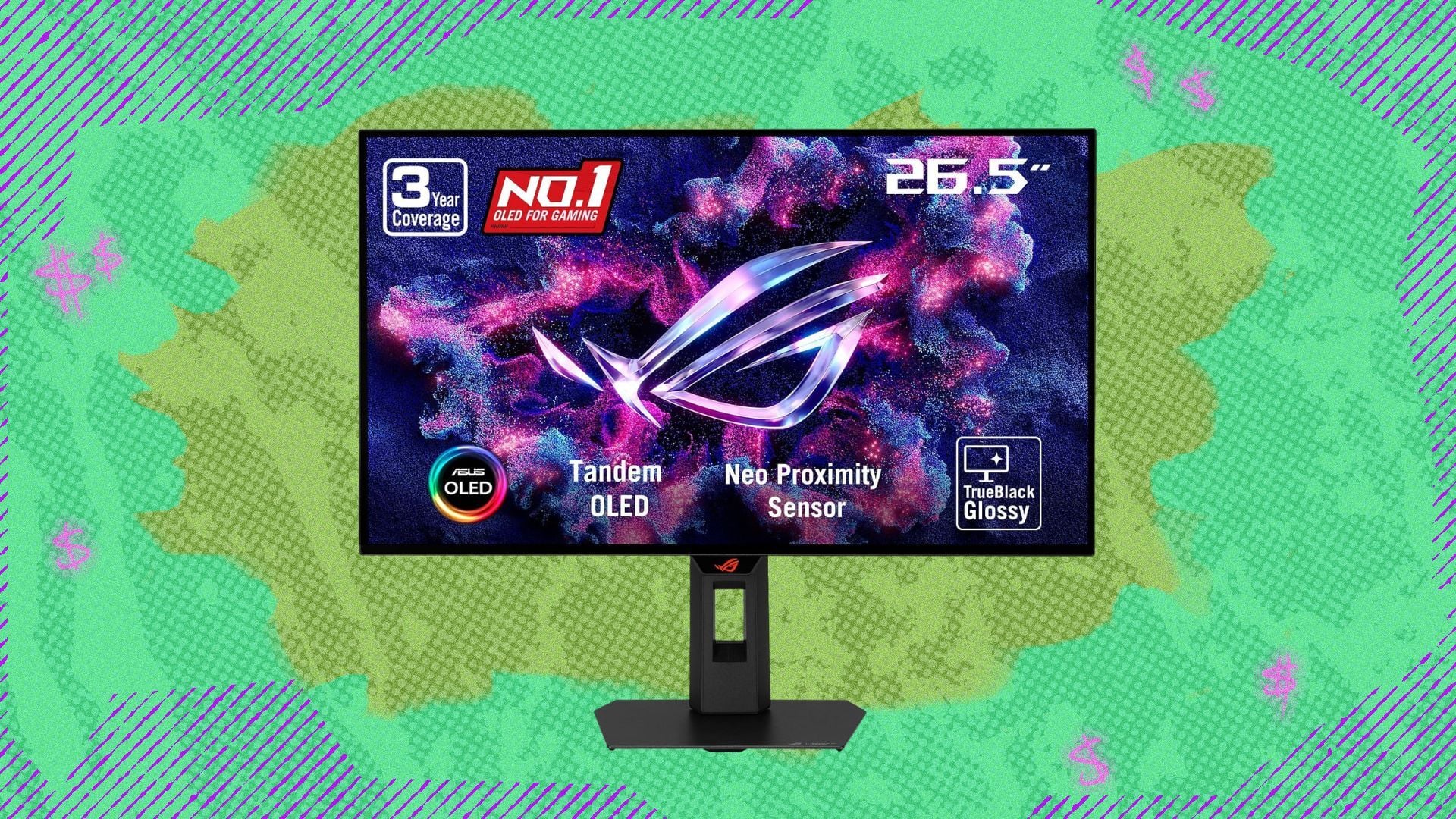 asus rog strix 27-inch oled gaming monitor against a green background