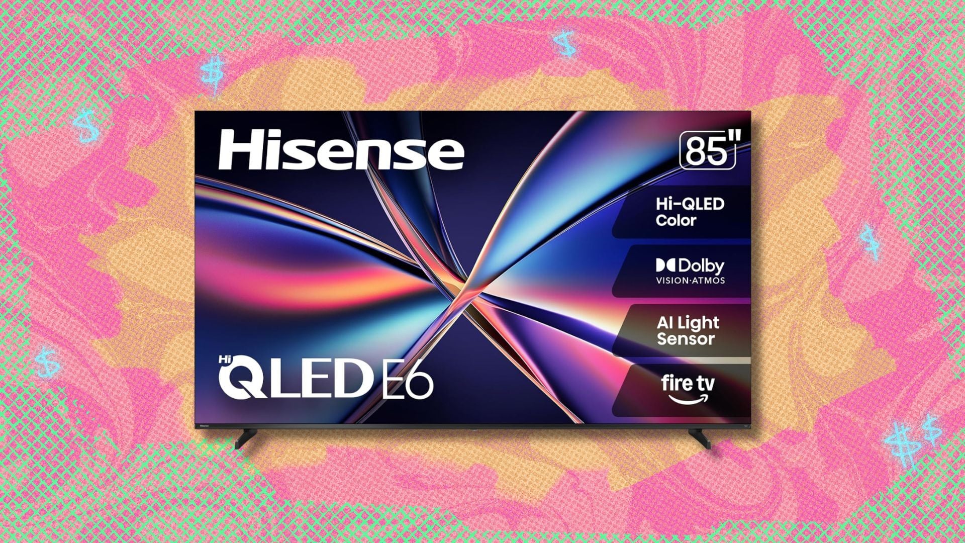 hisense 85-inch e6 cinema series hi-qled 4k tv against a yellow patterned background