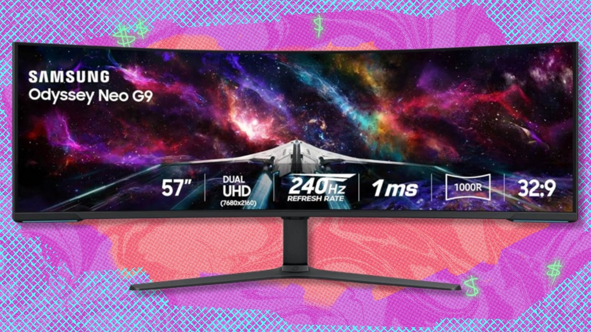 The 57-inch Samsung Odyssey Neo G9 (G95NC) gaming monitor on a purple, red, and blue background