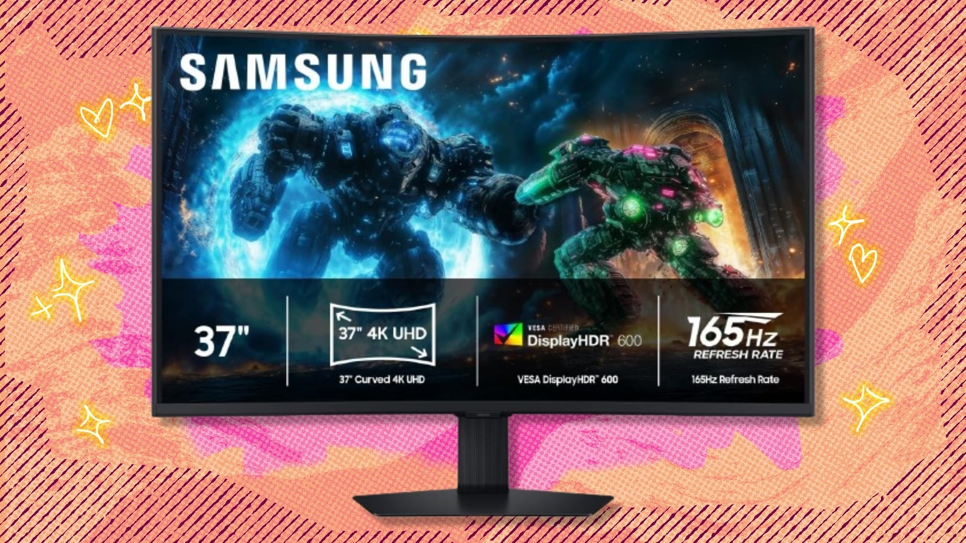 The Samsung 37-inch Odyssey G7 (G75F) Series 4K UHD curved gaming monitor on a red and orange background