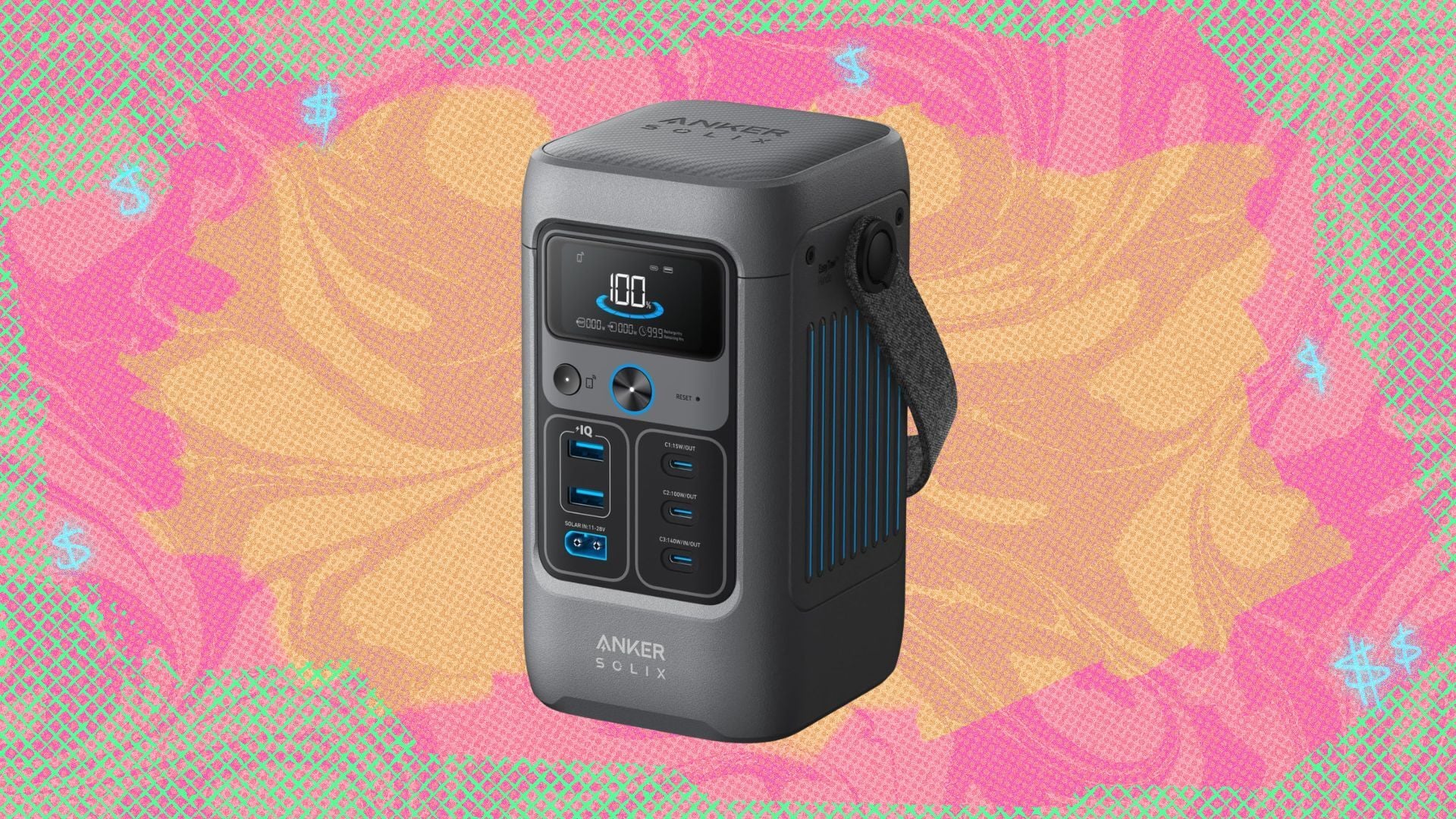 anker solix c200 dc portable power station against a yellow patterned background