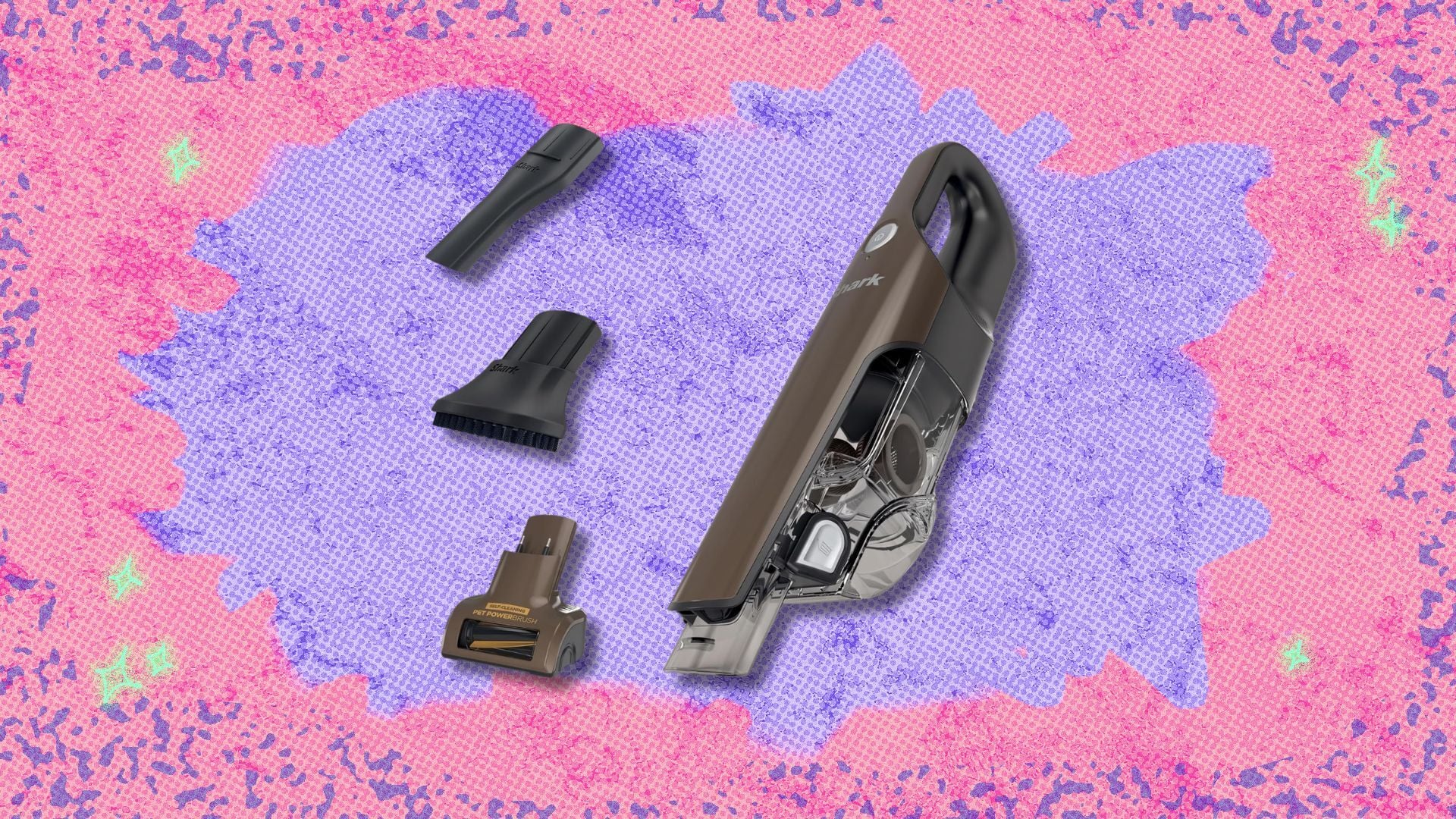 shark ultracyclone pet pro plus cordless handheld vacuum against a pink and purple background