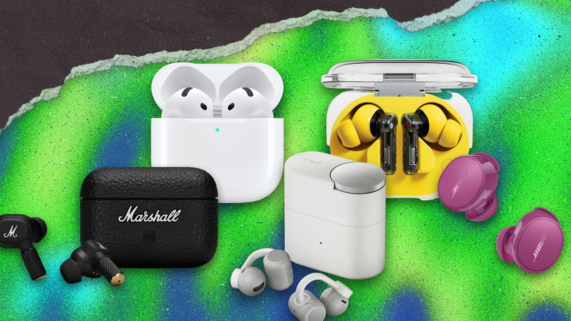 collage of earbuds on green and blue background