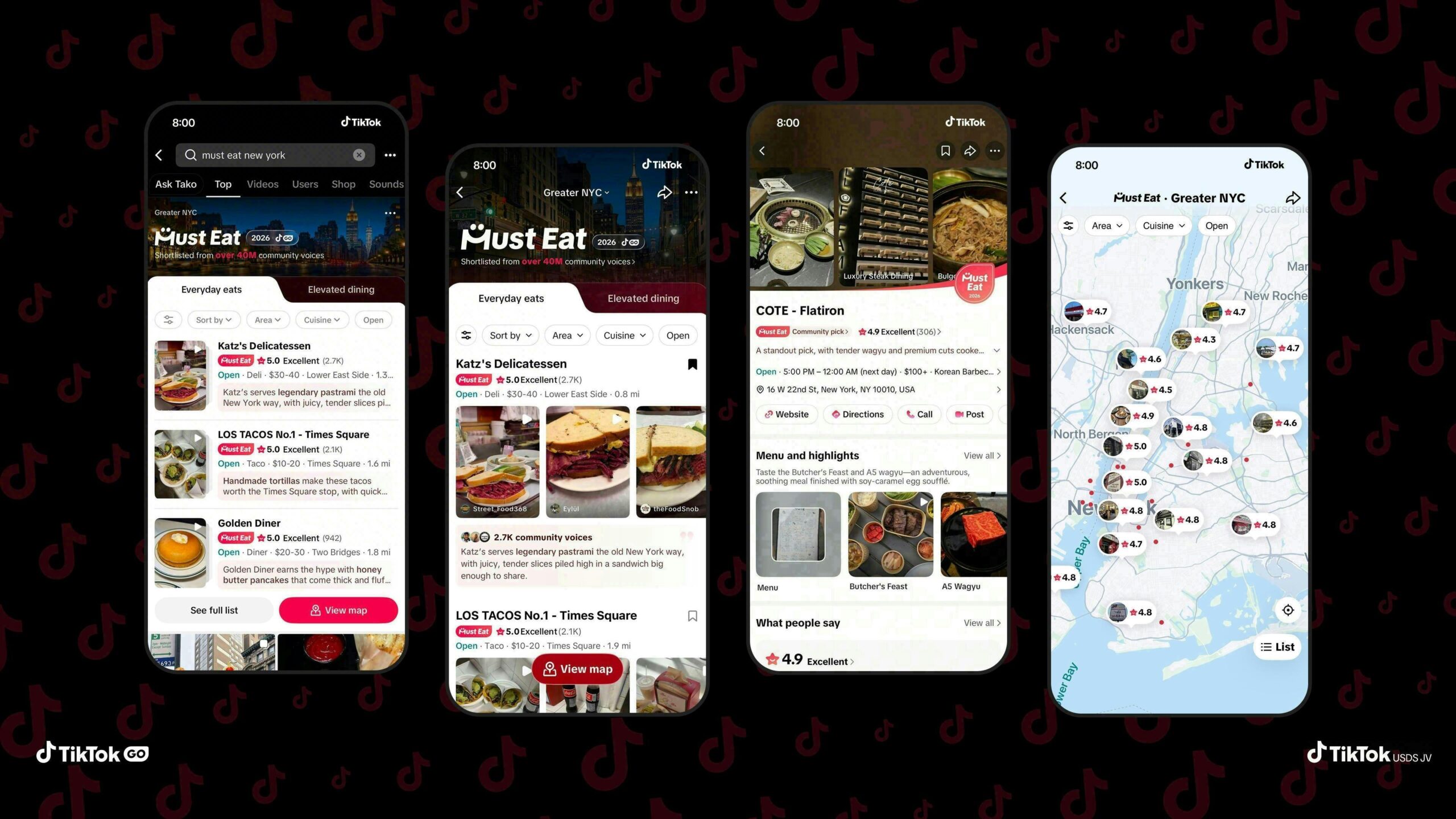 Four phone screens show TikTok’s Must Eat restaurant guide, including New York City restaurant lists, food videos, a restaurant profile, and a map with ratings.