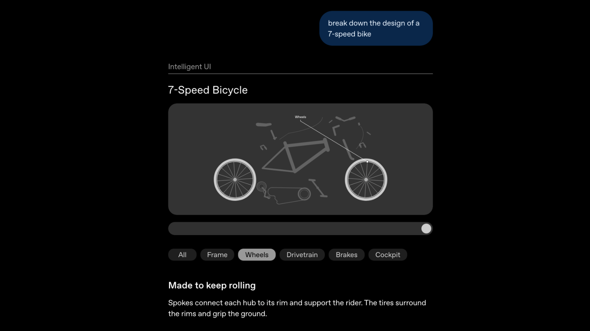 A screenshot of an example interation with ChatGPT using Intelligent UI to show the design of a bicycle.