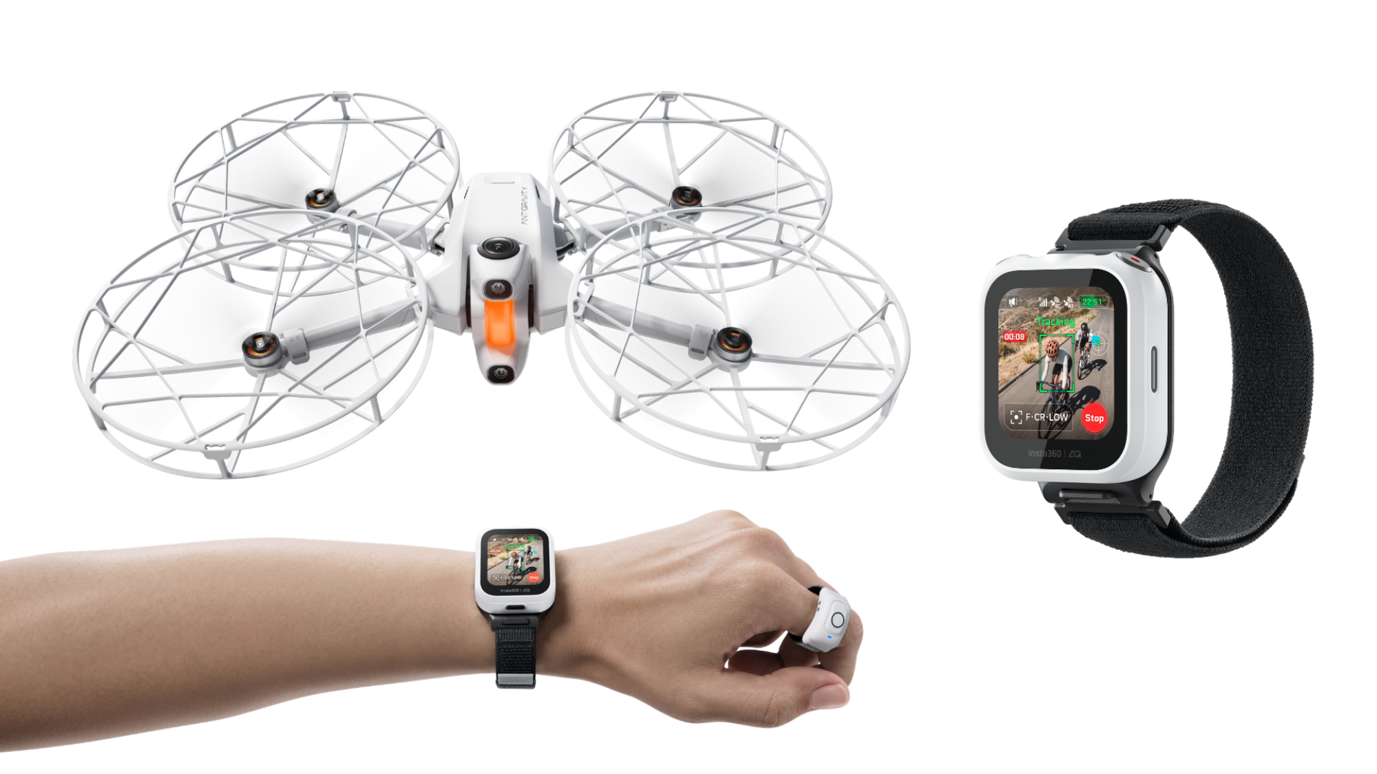 The Antigravity A1 Follow Me Bundle, showing the Watch and Ring remotes on an arm, and the Propeller Guards on an A1 drone. A larger picture of the Watch remote is on the right.