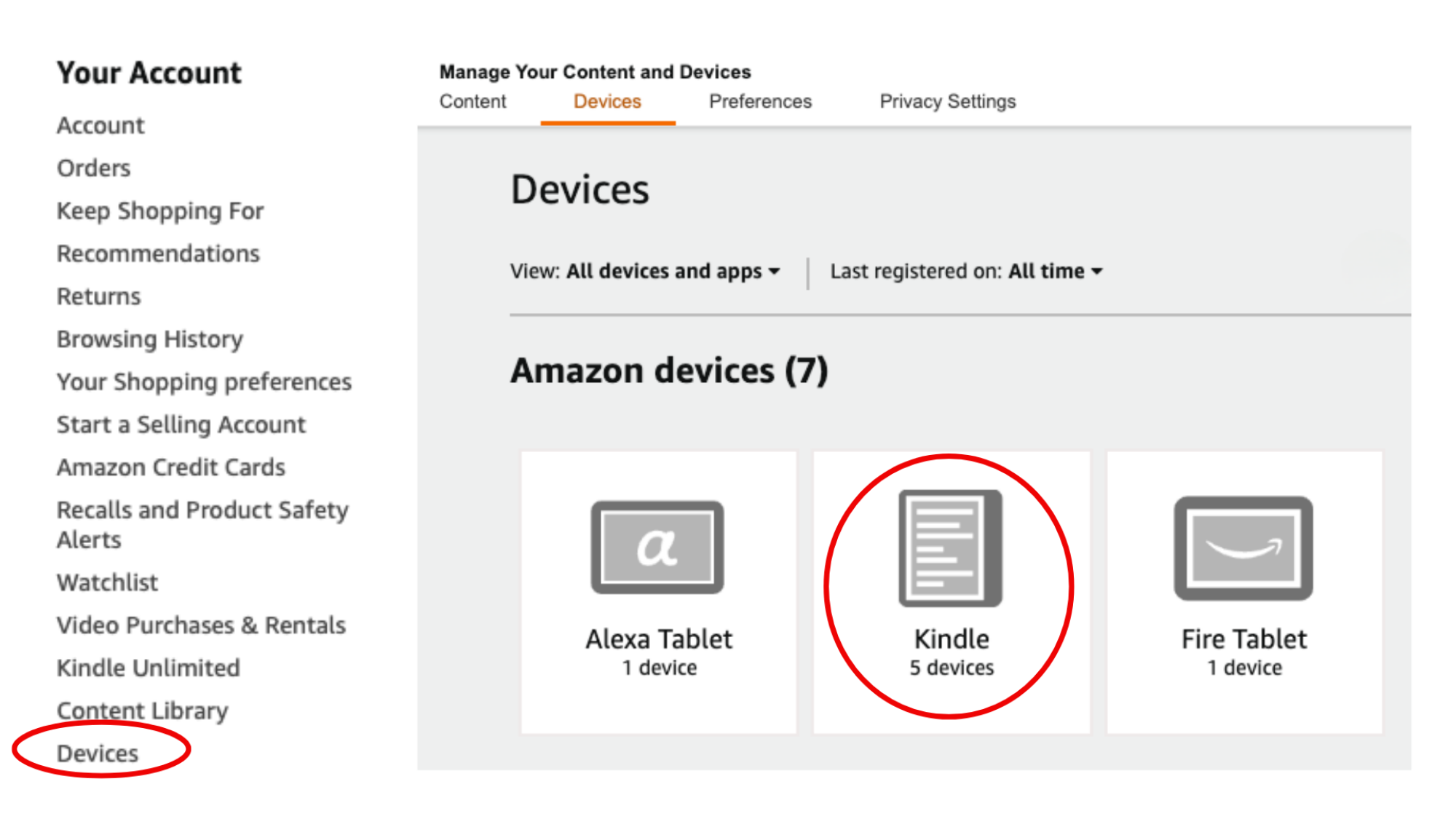 The Device tab on Amazon