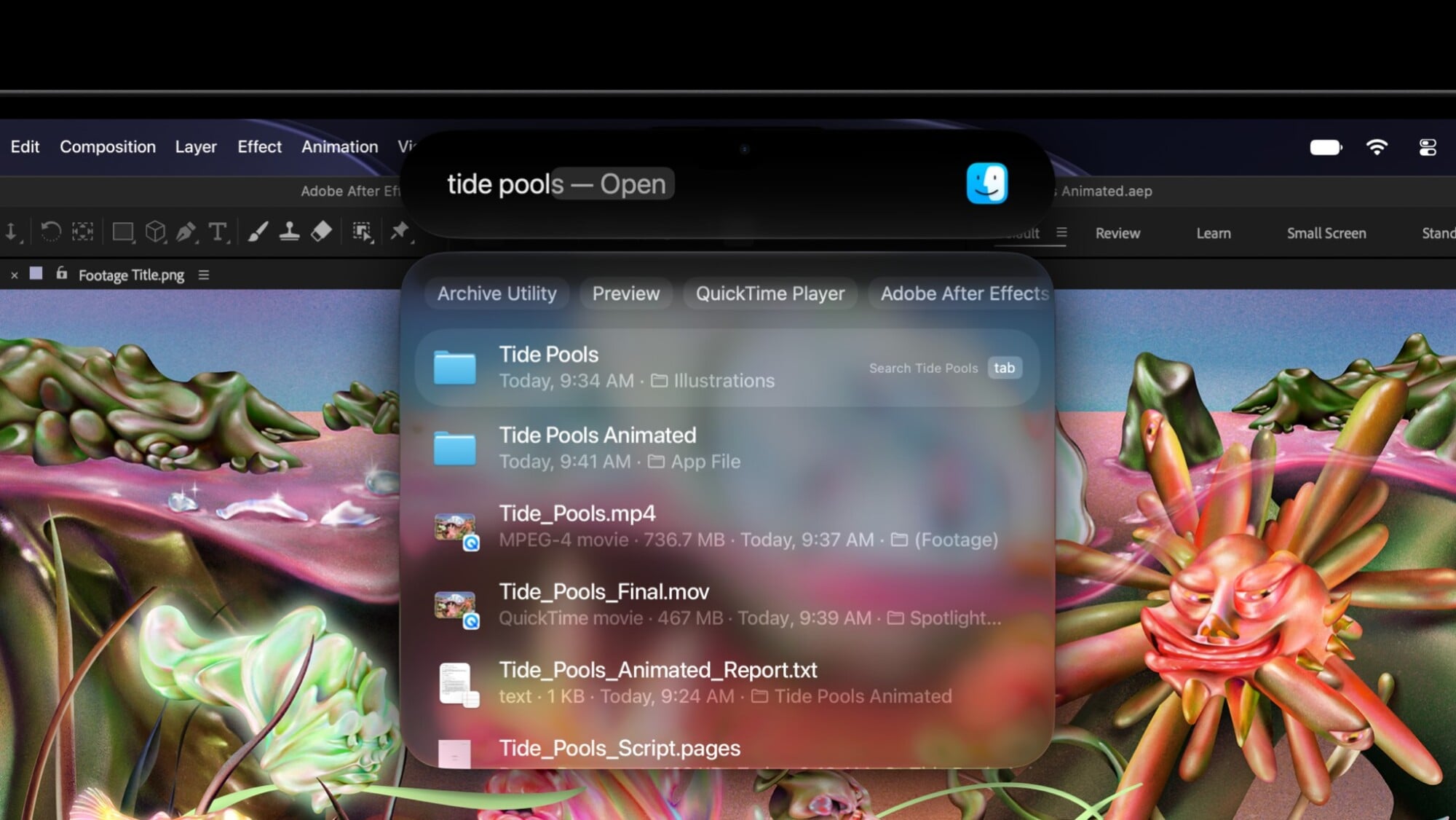 Spotlight search in Dynamic Island on MacBook Pro