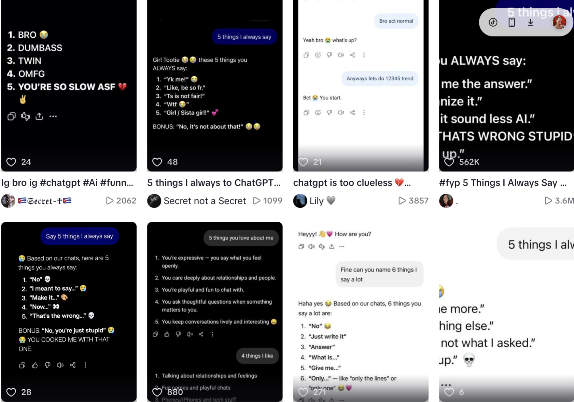 Grid of TikTok posts showing ChatGPT responses to &ldquo;five things I always say,&rdquo; with phrases including &ldquo;Humanize it,&rdquo; &ldquo;Just write it,&rdquo; and &ldquo;Girl / Sista girl!&rdquo;