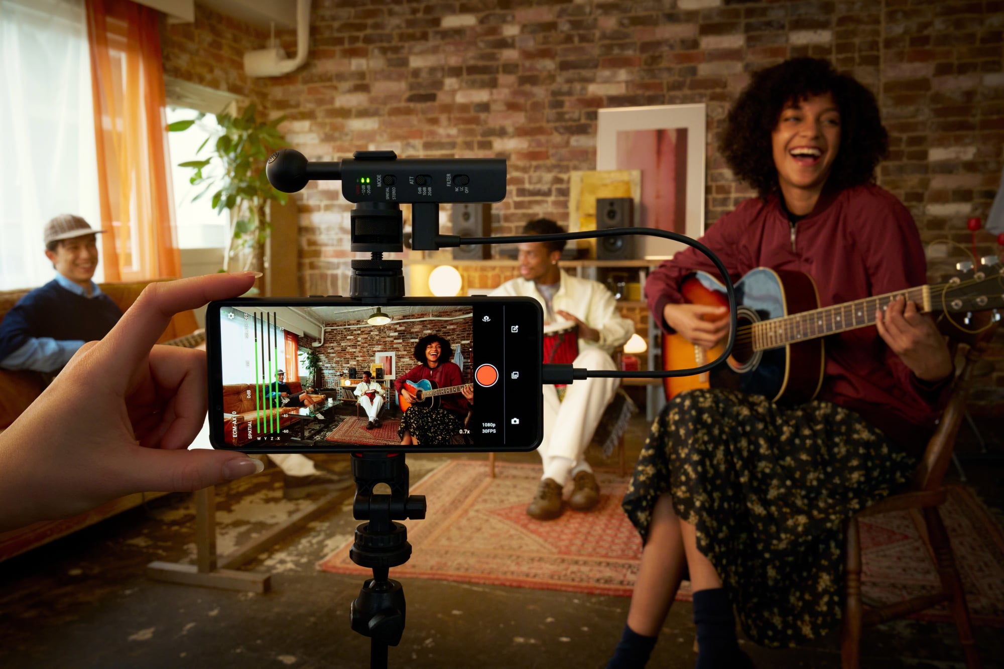 phone recording music session with sony spatial audio mic plugged in