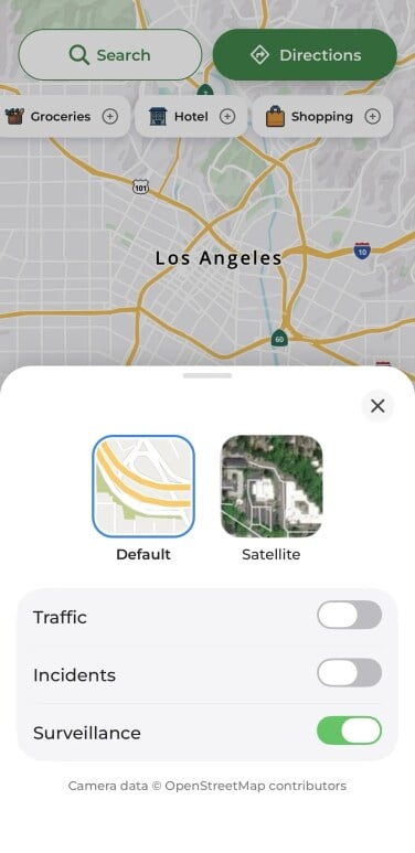 A screenshot of MapQuest's layers menu. It shows three options: traffic, incidents, and surveillance.