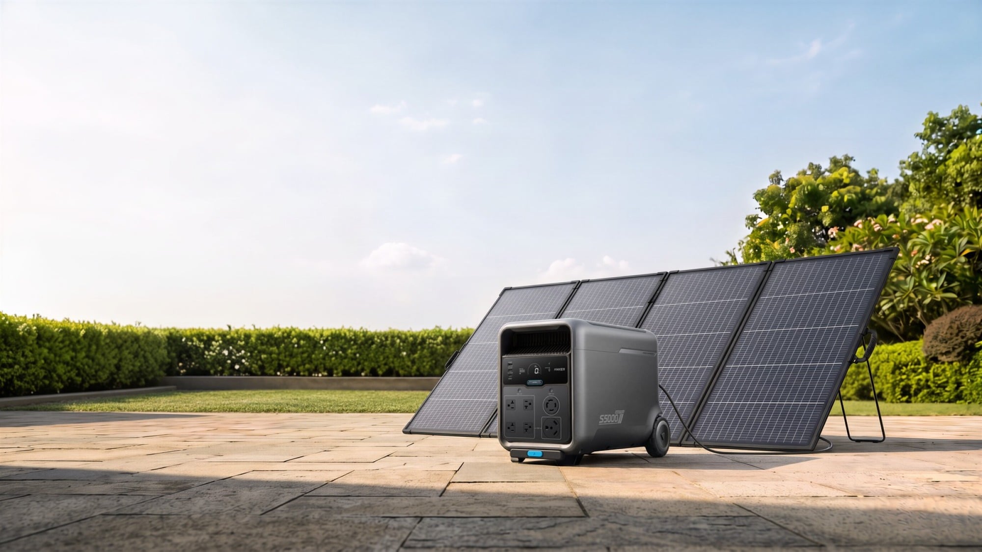 the solix s5000 in front of solar panels